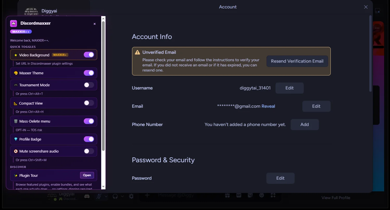 The Discordmaxxer Hub panel with Tournament Mode and quick toggles