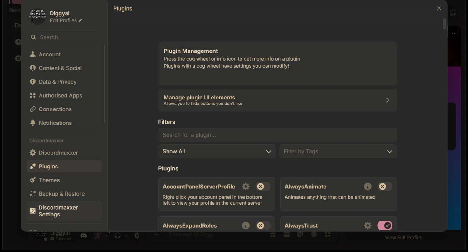Discordmaxxer native plugin list with toggles