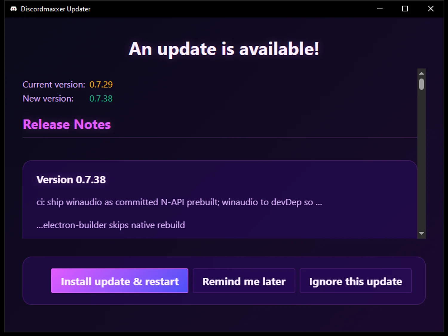 Discordmaxxer auto-updater showing an available update with release notes