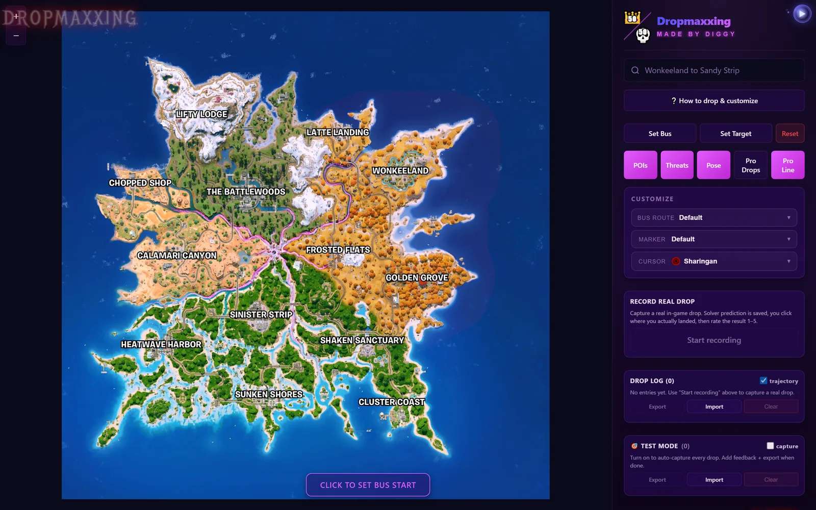 Dropmaxxer live map with current-season POIs and the customize panel