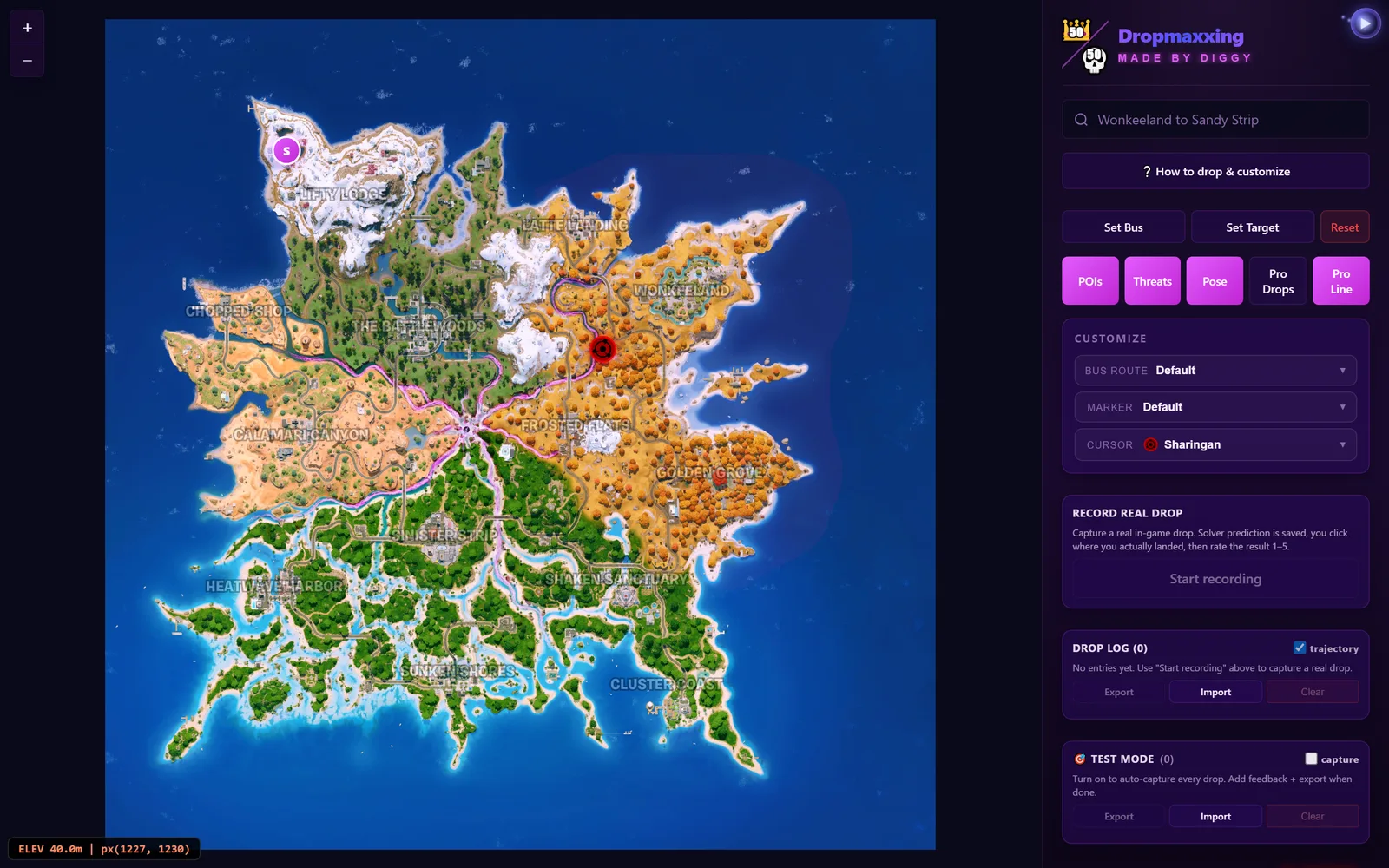 Setting the bus path and target POI on the Dropmaxxer map