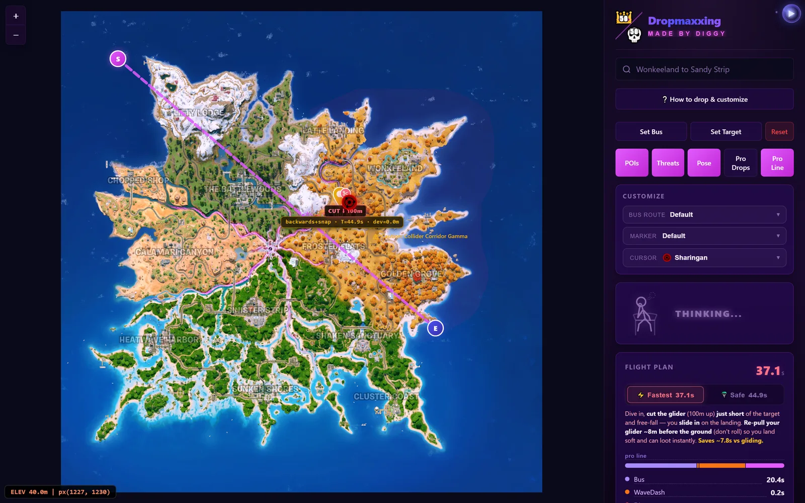 Dropmaxxer Flight Plan showing Fastest vs Safe ETAs and the glider cut point