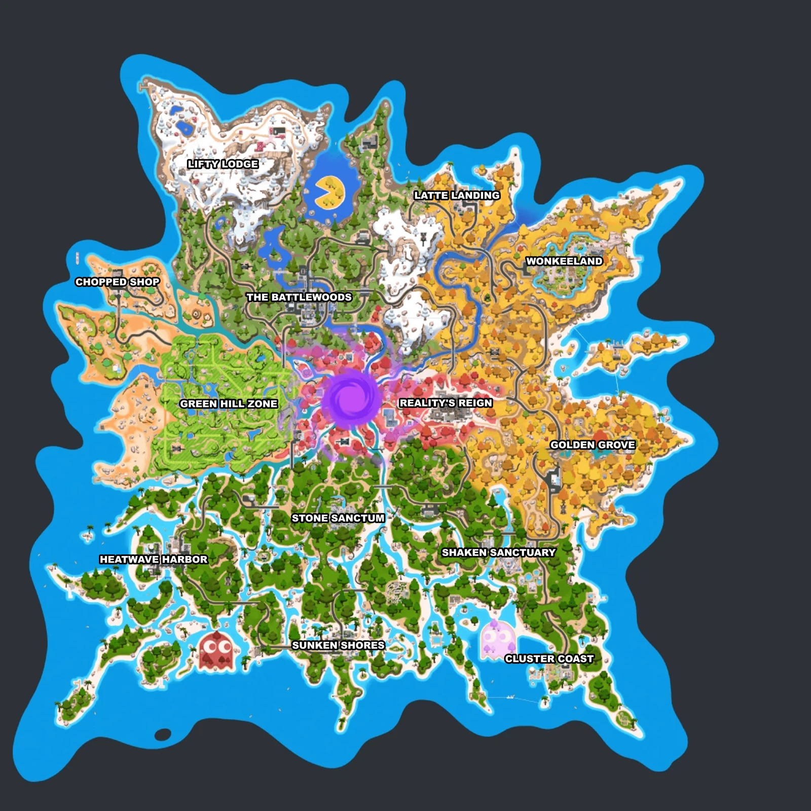 Current Fortnite Chapter 7 Season 4 Override map with a Chopped Shop to Latte Landing flight plan