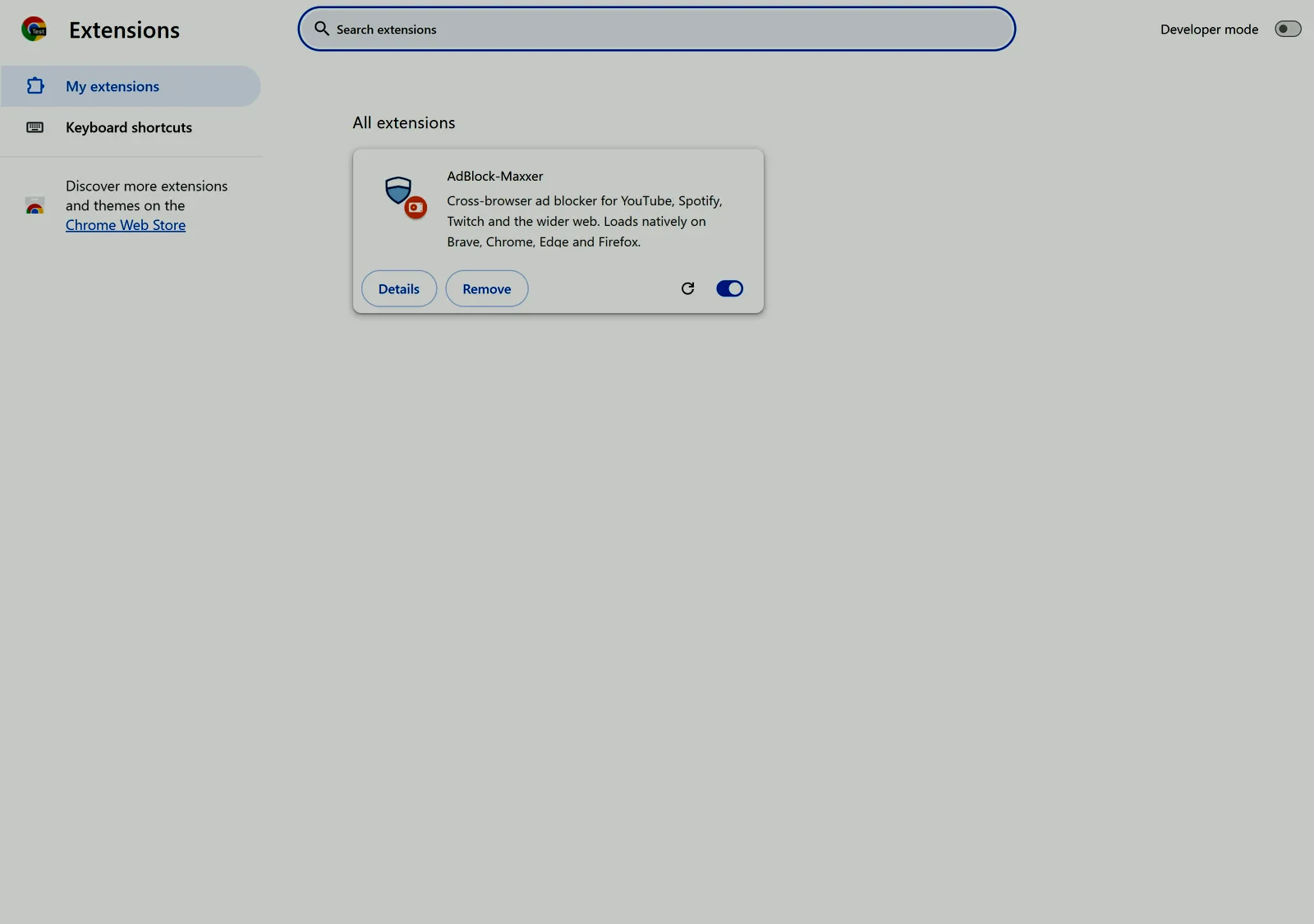 Loading AdBlock-Maxxer as an unpacked extension on the chrome://extensions page