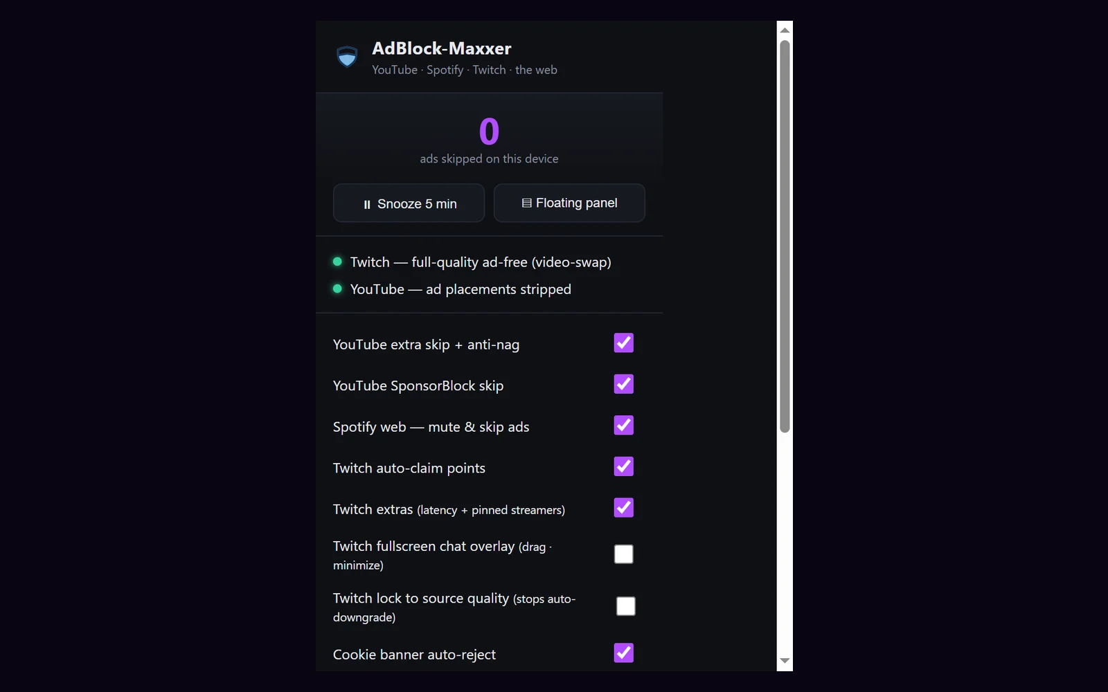 AdBlock-Maxxer popup with the ads-skipped counter and per-feature toggles