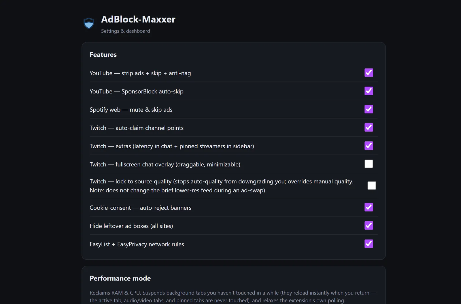 AdBlock-Maxxer settings dashboard: features, SponsorBlock categories, custom filter lists and stats