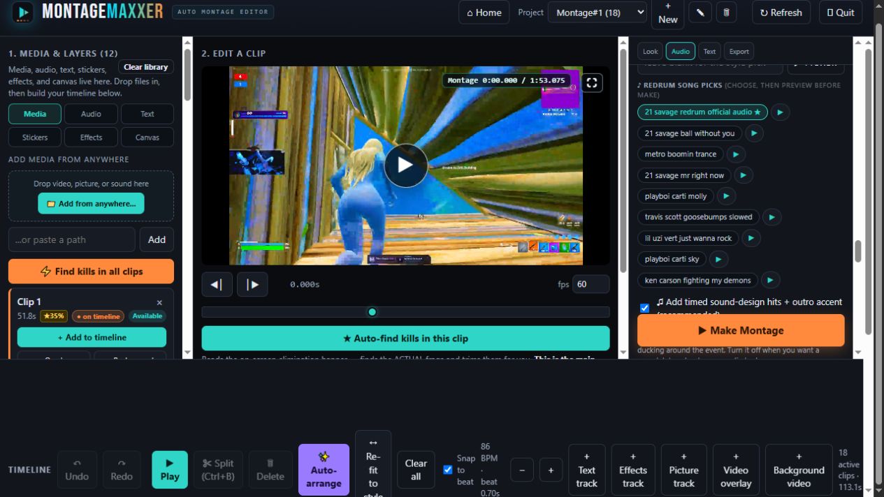 Actual MontageMaxxer beta editor showing song picks and preview controls.