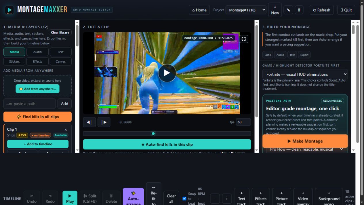 Actual MontageMaxxer beta editor showing media and layers, a Fortnite clip preview, and build controls.