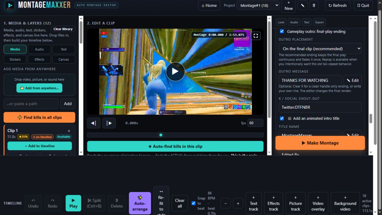 Actual MontageMaxxer beta editor showing the Text controls for outro and intro titles.
