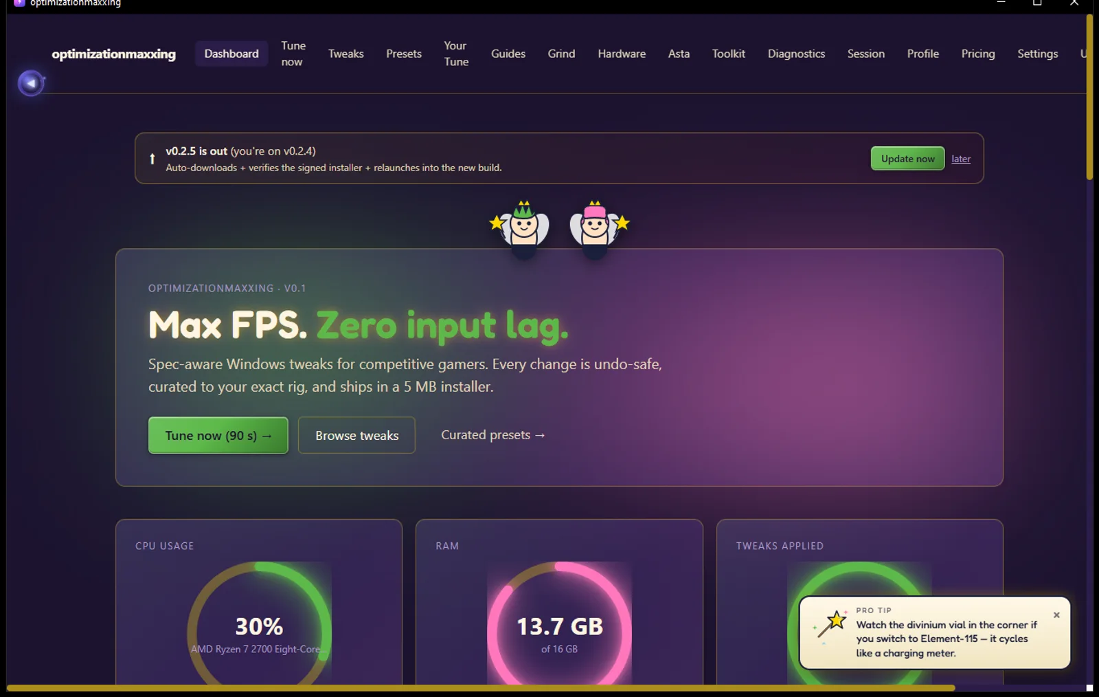 Optimizationmaxxing dashboard with live rig gauges and the auto-update banner