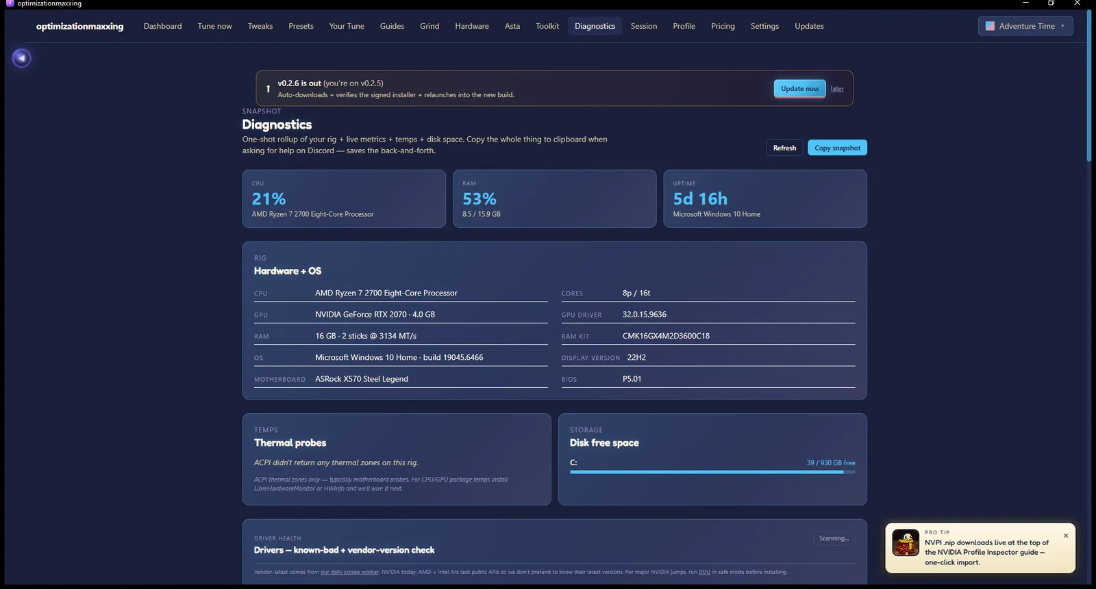 Diagnostics snapshot with hardware, thermals, disk and driver checks