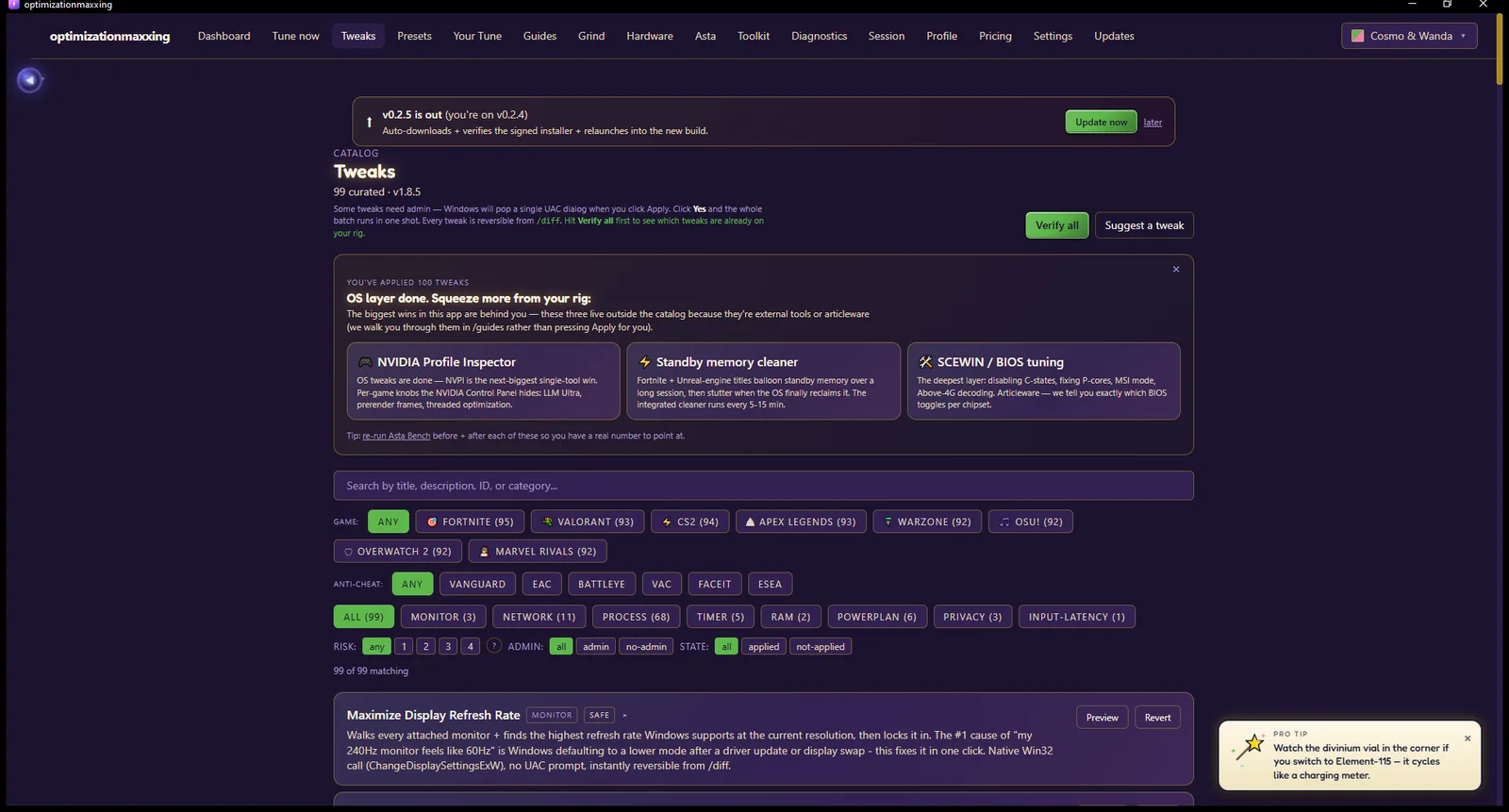 Tweak catalog with risk badges and source citations
