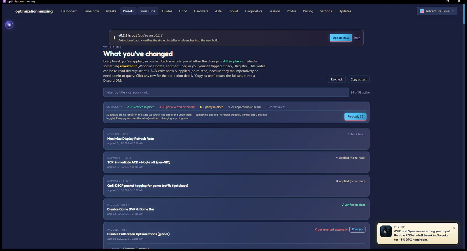 Your Tune view listing applied tweaks with per-change revert status