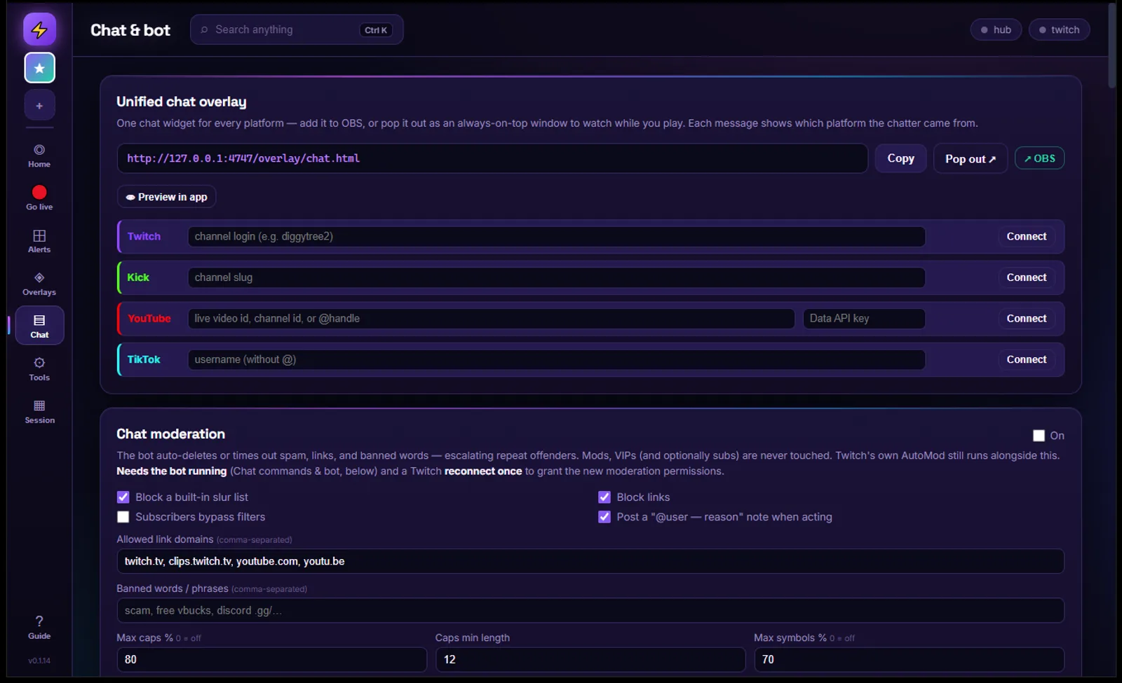 Unified chat overlay merging Twitch, Kick, YouTube and TikTok