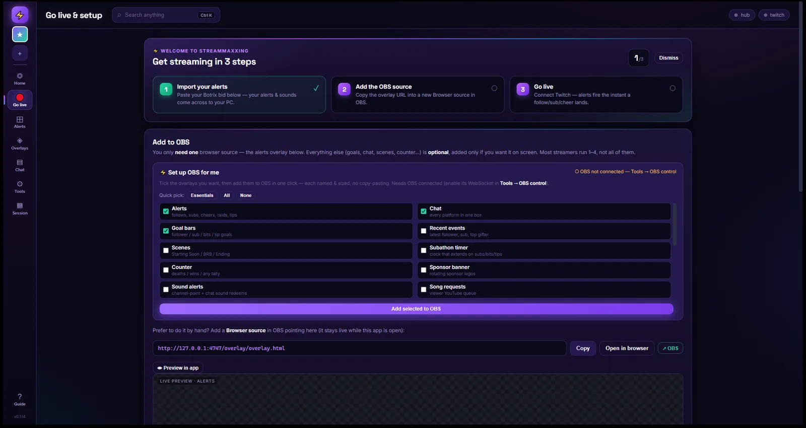 One-click OBS setup with the Set up OBS for me overlay checklist